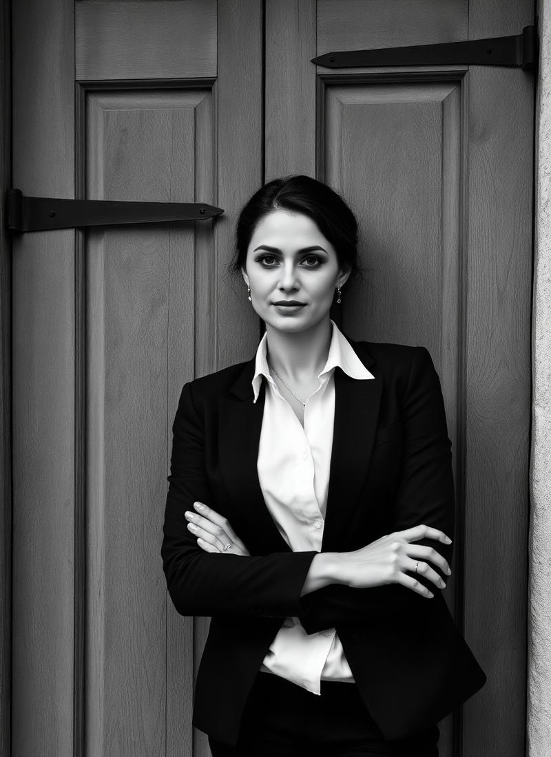 Portrait of the course founder leaning against an antique wooden door
